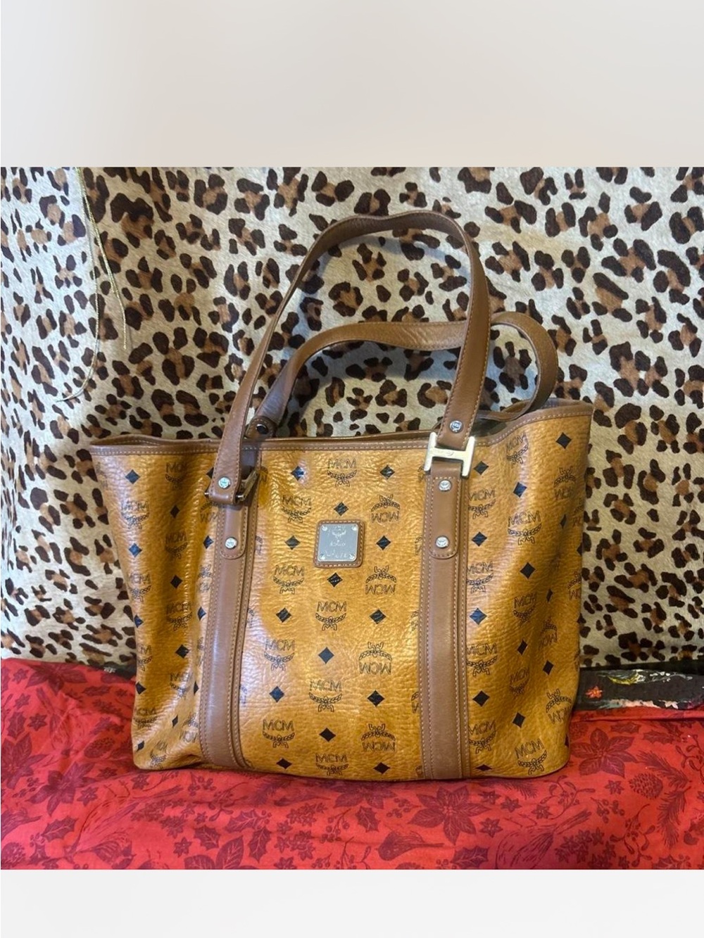 MCM  vintage Cognac Coated Canvas Tote Bag with Leather Trim